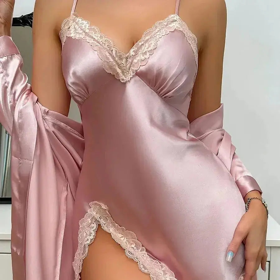 Slumblr® Satin Robe and Lace Slip Sleepwear Set